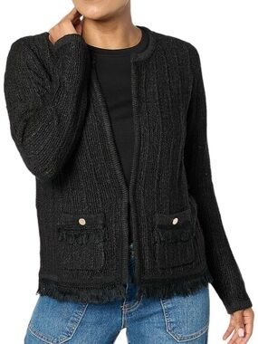 JOAN RIVERS Boucle Chanel-Style Open-Front Fringe Detail Cardigan Women’s Large